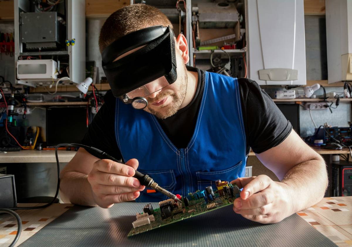 Close-up of a technician using a good soldering iron for electronics on a green circuit board with smoke gently rising